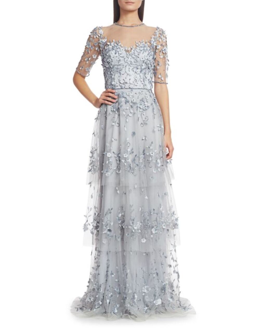 Theia Embellished Tiered Gown Beading & Tulle Pale Lilac Size 8 NWT Elegant